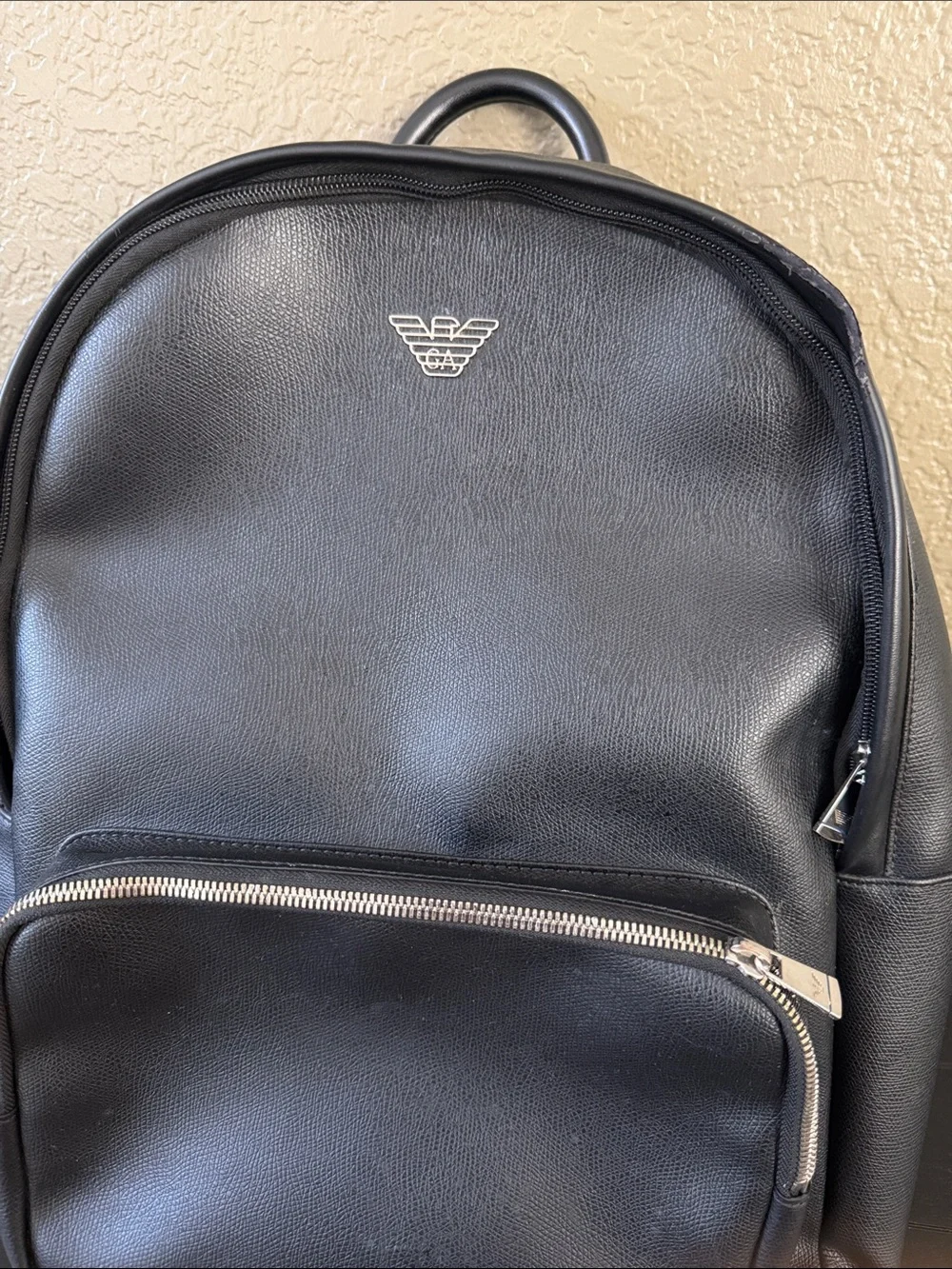Emporio Armani Black Leather Backpack with Silver Hardware
